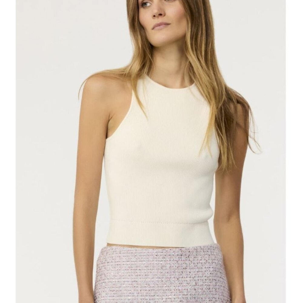 Toccin Women's Avery Ivory Rib-Knit Racerback Crop Crewneck Tank Top Large Nwt